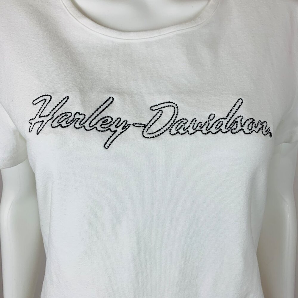 Harley Davidson White Baby Tee Womens Large Y2K Black Embroidered Logo Stretch - Picture 3 of 8